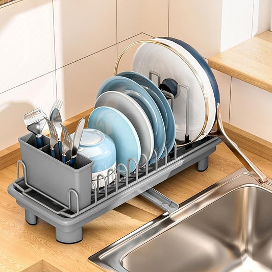 Compact Dish Drying Rack with Utensil Holder – Small Countertop Dish Drainer with 360° Rotating Drain Spout, Stainless Steel Dish Rack for Kitchen Sink, Space-Saving Design for Small Kitchen , Grey