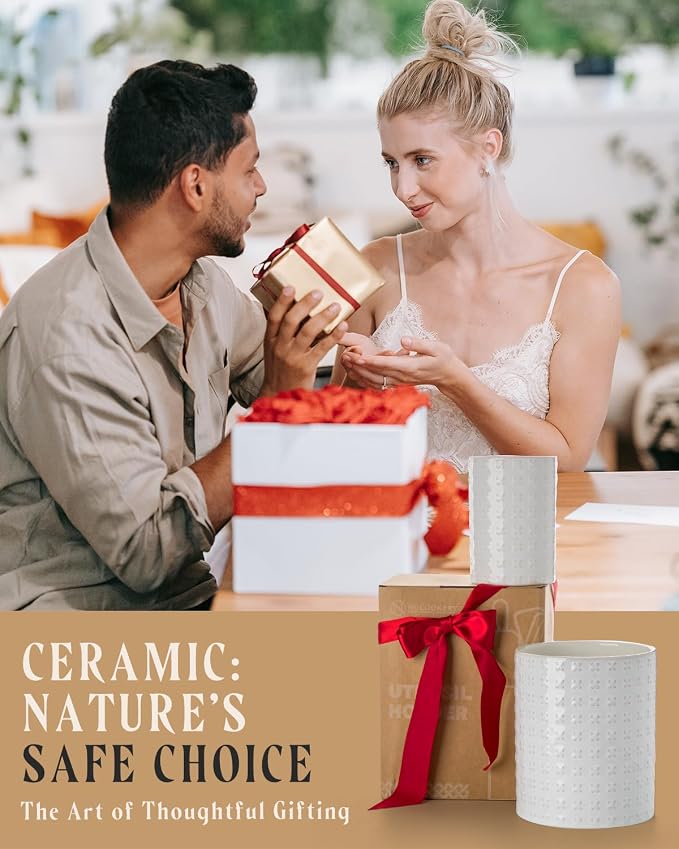 Nucookery Utensil Holder for Kitchen Counter, White Large Stable Ceramic Cooking Utensil Crock for Countertop Organizer, Farmhouse Decor, Set of 2, 7.1"&5.4", Christmas Thanksgiving Gift, X-Texture