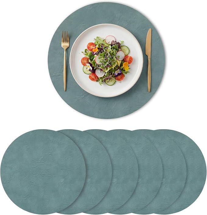Artoid Mode Blue Faux Leather Placemats Set of 6, 15 Inch Waterproof Wipeable Heat Resistant Vinyl Place Mats, Reversible Table Mats for Winter Kitchen Dining Decor