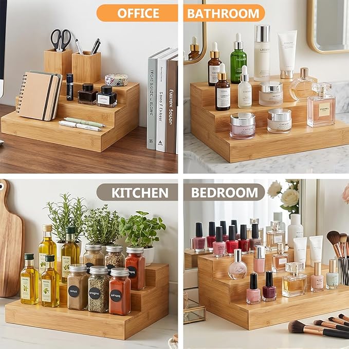 3 Tier Bamboo Spice Rack Organizer, Wooden Seasoning Organizer Shelf, 3 Tier Countertop Step Shelf for Kitchen Cabinet, Pantry, Countertop Organization, Desktop Display Shelf (2 Pack)