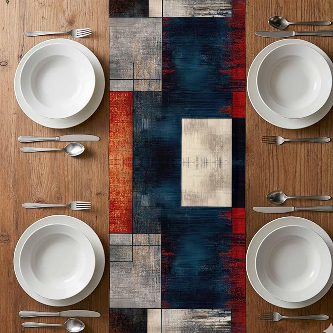 Vintage Geometric Table Runner - 120 Inch Long Modern Abstract Aesthetics Cotton and Linen Blended Dress Scarves Farmhouse Table Runner for Kitchen Dining, Coffee Table, 13" x 120"