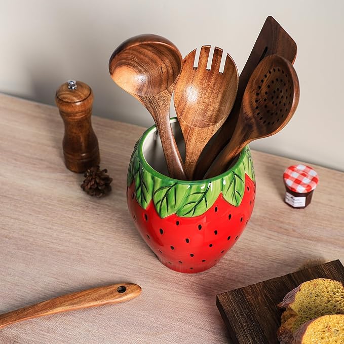 Strawberry Shaped Ceramic Kitchen Utensil Holder, Large Cooking Utensil Crocks for Kitchen Countertop, Ceramic Utensil Organizer for Spatula, Kitchen, Home Decoration-Retro Red