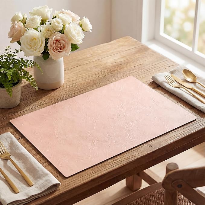 Artoid Mode Pink Faux Leather Placemats Set of 6, 12x18 Inch Waterproof Wipeable Heat Resistant Vinyl Place Mats, Reversible Table Mats for Spring Kitchen Dining Decor