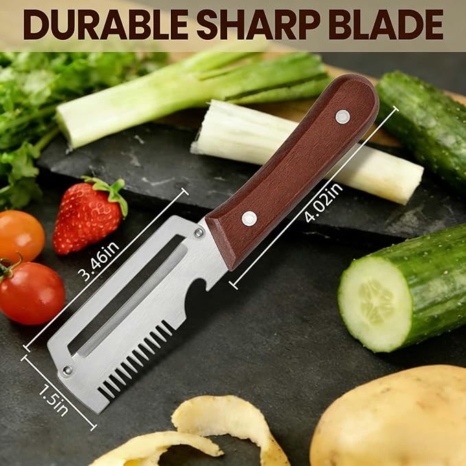 Multifunctional Vegetable Peeler，With wooden handle & bottle opener and grater 3 in 1 kitchen gadgets for potatoes pumpkinsp garlic sugarcane pineapples carrots and other vegetables or fruits (1pcs)
