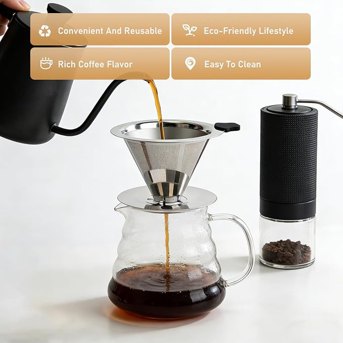 Pour Over Coffee Dripper, Reusable Cone Stainless Steel Coffee Filter, Double Layer Fine Mesh Paperless Coffee Maker with Coffee Spoon and Cleaning Brush for 3–4 Cups