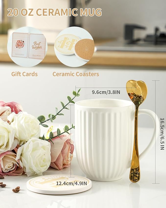 HASENSE Coffee Mugs Set of 2, 20 oz White Ceramic Coffee Cups Gift for Men and Women, Premium Large Latte Mugs with Handle, Modern Ribbed Design Tea Cups Come with Coaster & Gold Spoon Gift Box