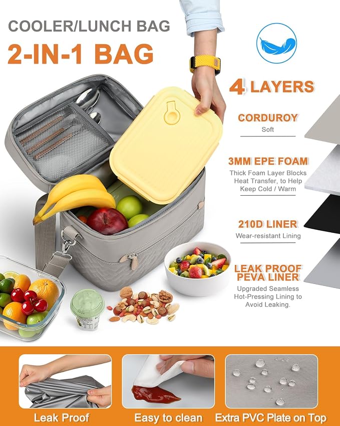 Capolo Lunch Box for Women Men Adults,Insulated Lunch Bag Leakproof Lunch Cooler Box with Removable Strap Cute Lunch Tote Bags Reusable Thermal Lunchbox for Work Picnic(Small,Khaki Gray)