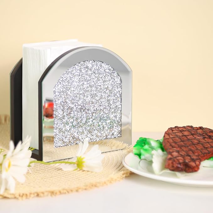 Mirror Napkin Holder with Crushed Diamond, Bling Glass Silver Napkin Holder for Dining Table Kitchen Countertop and Home Décor