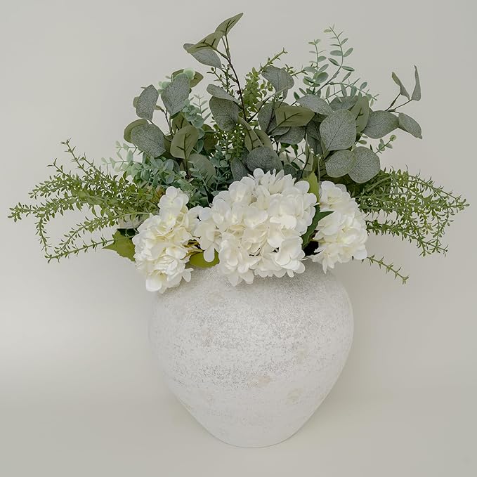 Silk Serenade White Hydrangea Faux Flower Arrangements with Eucalyptus & Greenery for Home Decor, 5 Heads and 8 Green Fake Flores Long Tall Artificial Stems Floral Kitchen Living Dining Centerpieces