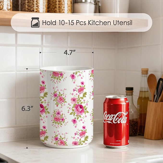 Utensil Holder,Pink Countertop Ceramic Utensil Holder,Large Cooking Utensil Crocks for Kitchen Counter Decor,Morden Utensil Organizer,Ceramic Vase for Kitchen Utensils, H6.3 xD4.7(Pink)