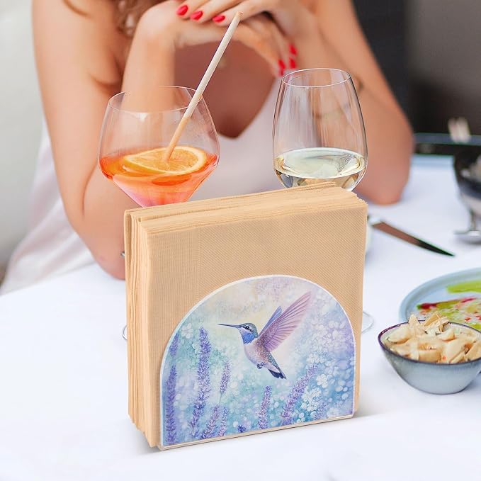 Fustylead Hummingbird with Purple Lavender Flowers Napkin Holder for Table Acrylic Cocktail Napkin Holders Small Decorative Napkin Dispenser for Home Party Dining Kitchen Accessories, 2 Pack