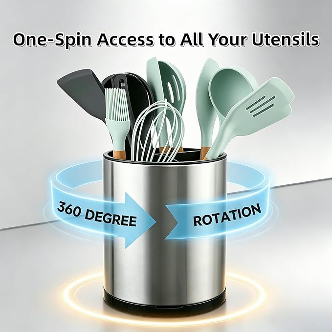 LIBODOUR Kitchen Utensil Holder Extra Large Rotating For Counter Organizer Stainless Steel Storage Cooking Silverware Caddy 3 Compartment Flatware Spoon Spatula Tool Cutlery Container（2 Set Silvery）