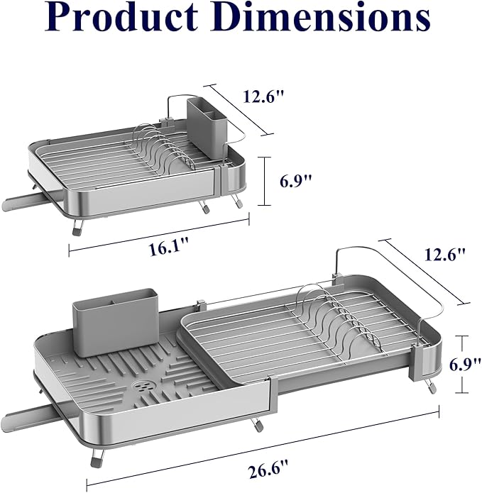 Kitsure Dish Drying Rack - Expandable Stainless Steel Dish Racks for Kitchen Counter, Auto-Drain Drying Rack for Kitchen with Cutlery Holder & Non-Slip Feet, 16.1-26.6" L x 12.6" W, Grey