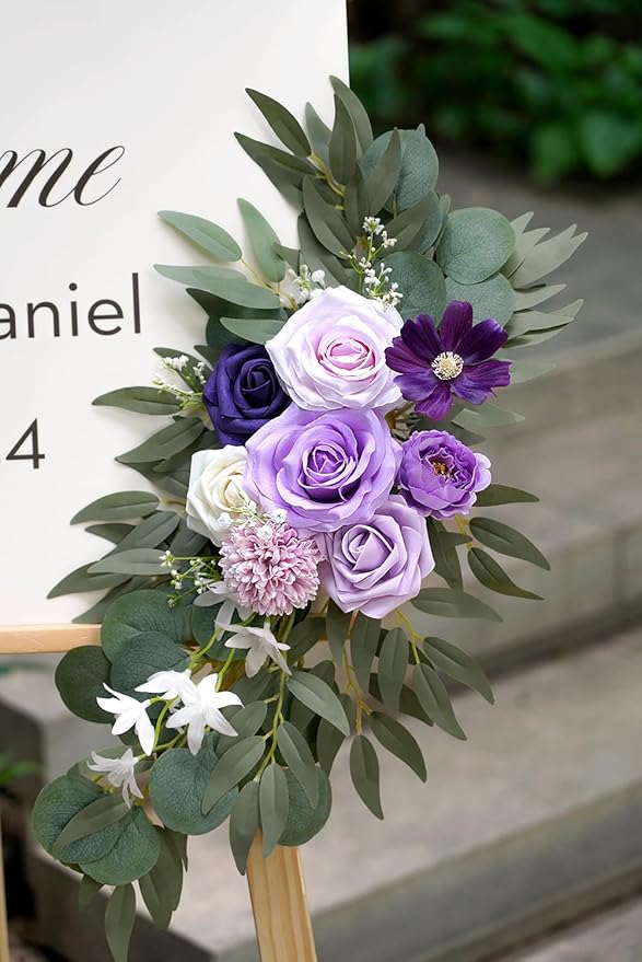 Olalaka Faux Flower Swag Set of 2 for Wedding Welcome Signs Floral Decorations, Purple Wedding Arch Flowers for Wedding Ceremony (Lilac & Purple & Cream)
