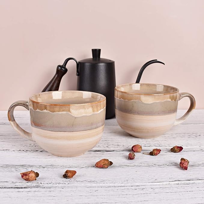 Bosmarlin Large Ceramic Coffee Mug Set of 2, Stoneware Jumbo Latte Mugs for Office and Home, 16 Oz, Dishwasher and Microwave Safe(Brown Grey, 2)