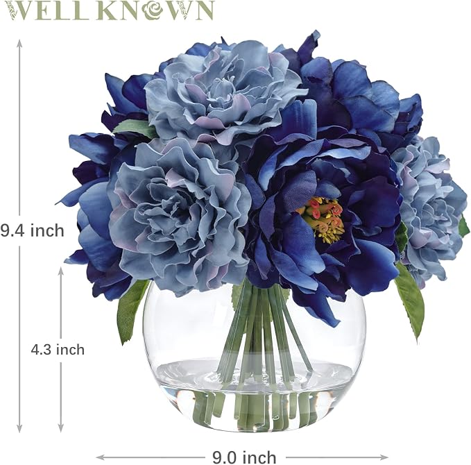 WELL KNOWN Artificial Blue Peonies Flowers in Vase with Faux Water, Silk Fake Flower Arrangements for Spring Home Dining Coffee Table Decor Wedding Party Centerpieces & Mom's Birthday Gift