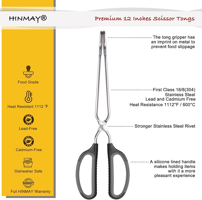 HINMAY Scissor Tongs with Comfort-Grip Handle 12-Inch Cooking Tongs (Black Handle)