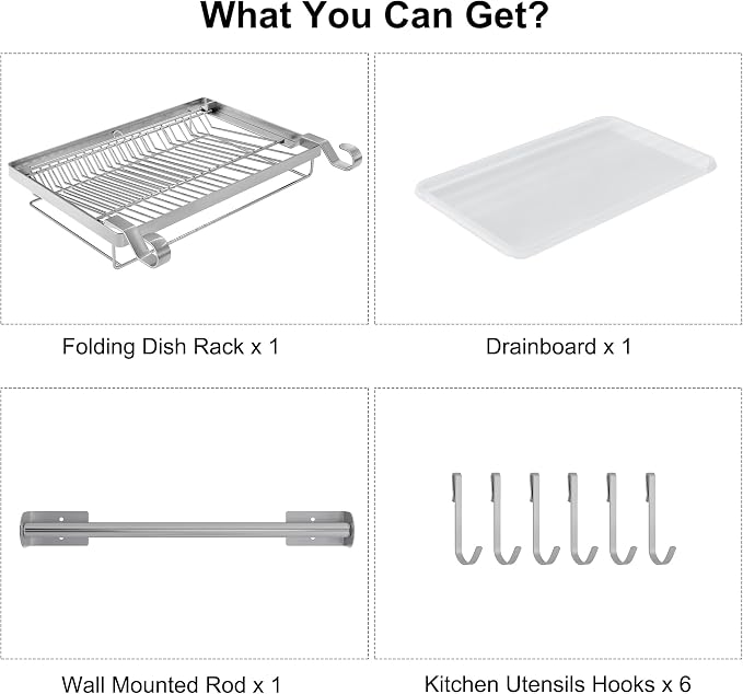TQVAI Over Sink Dish Drainer Drying Rack, Stainless Steel Foldable Wall Mounted Dish Racks with Drainboard Hanging Rod and Sponge Holder, Silver