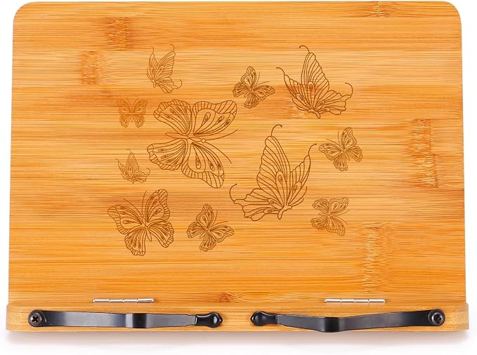 MEGREZ Bamboo Book Stand 13.2 x 9.4 inch, Foldable Cookbook Holder with 6 Adjustable Height, Reading Book Holder for Recipe, Music Book, Textbook, Tablet Stand, Butterflies