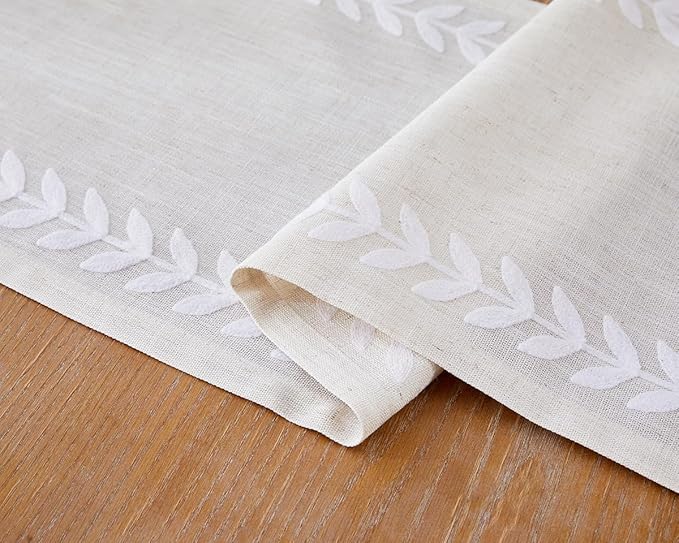 Wracra Embroidered Table Runner Irregular Willow Leaf Table Runners 48 Inches Long for Dresser Home Dining Table Decor,14 x 48 Inch, White