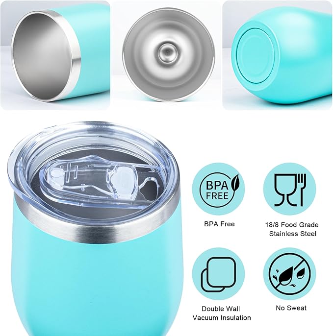 MEZMUT 12 Oz Insulated Wine Tumbler with Lid Double Wall Vacuum Stainless Steel Wine Glass Coffee Mug Insulated Tumbler Cup for Champaign, Cocktail, Beer (Teal, 1 Pack)