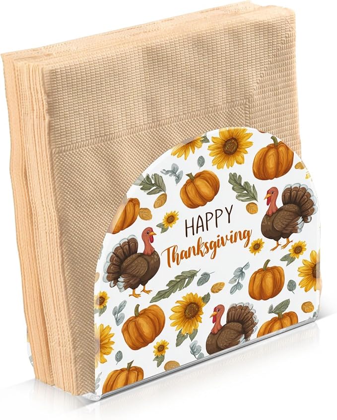 Napkin Holder Acrylic Napkin Holder for Table Kitchen Party Restaurant U Shaped Upright Napkin Dispenser Organizer Thanksgiving Turkeys Sunflowers White