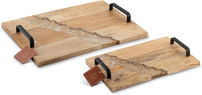 Set of 2 Mango Woodeb Serving Tray with Handles, Food Drinks Tray for Coffee Table - Decorative Kitchen Tray with Black Handle