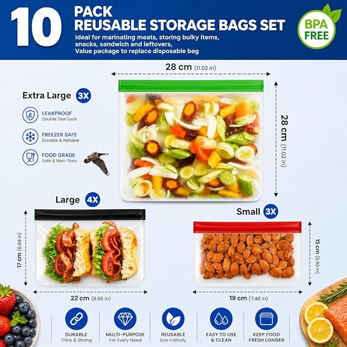 10-Pack Reusable Silicone Food Storage Bags – BPA-Free, Leakproof Ziplock Set | Includes 3 Snack, 4 Sandwich & 3 Gallon Sizes | Eco-Friendly & Plastic-Free Freezer-Safe for Meal Prep & Food Storage