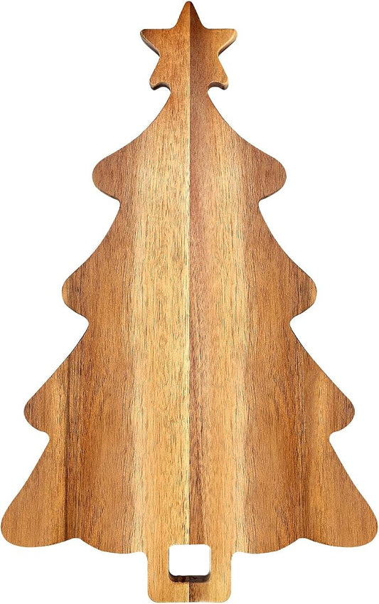 16.5" Wooden Christmas Tree Charcuterie Boards Acacia Wood Cutting Board with Handle Christmas Kitchen Decor Gifts Xmas Serving Cheese Board Festive Decorative Food Tray Holiday Xmas Tree Platters