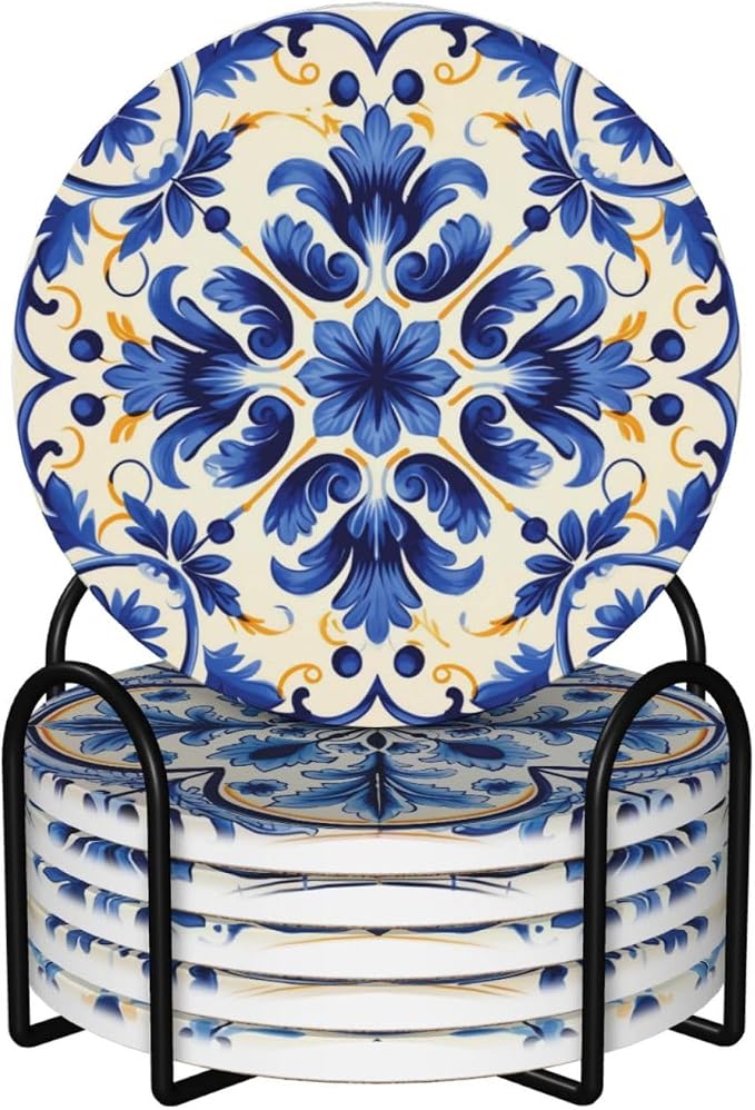 Coaster for Drinks Set of 6, Blue Vintage Spanish Ceramic Floral Absorbent Round Ceramic Stone Mat, with Cork Base and Metal Holder, Gift for Housewarming Room Bar Decor (Azulejo Tile-2)