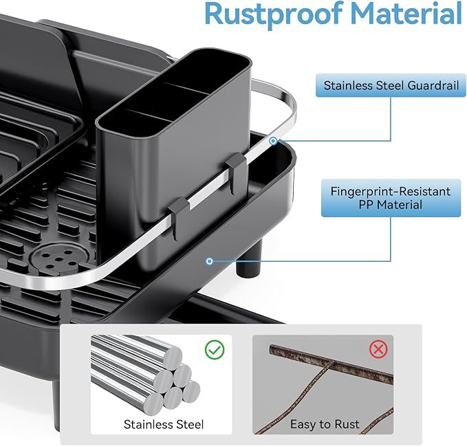Urackify Dish Drying Rack for Kitchen Counter, Expandable Stainless Steel Dish Racks with Adjustable Water Spout, Space Saving Dish Drainer with Cutlery Holder,16.14"-23.62" L x 12.99" x 8.78",Black