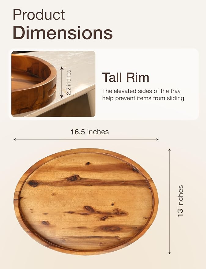 TIDITA Acacia Oval Wooden Serving Tray with Handles - 16.5" x 13" Ottoman Table Oval Wooden Tray - Round Serving Tray - Ottoman Tray for Living Room, Coffee Table Decor, Serving Platter (Acacia)