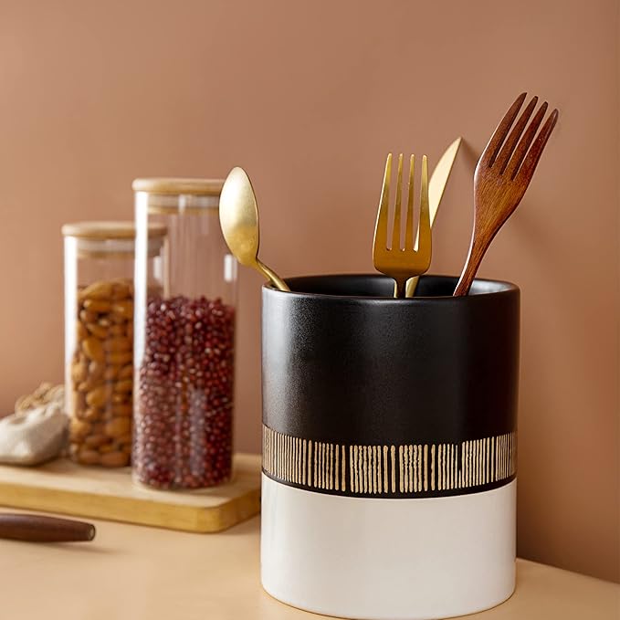 Kitchen Utensil Holder for Countertop,5" Ceramic Utensils Crock,Large Vintage Organizer for Storing Cooking,Heavy Spatula Holders,Farmhouse Tool Caddy, Home Counter Organizing Decor (Black)