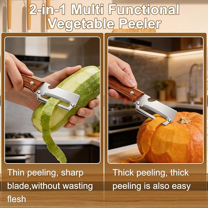 Premium Vegetable Peeler with Wooden Handle and Bottle Opener,2-in-1 Stainless Steel Kitchen Tool for Fruit Potato Zucchini Pumpkin Papaya(2 PSC)