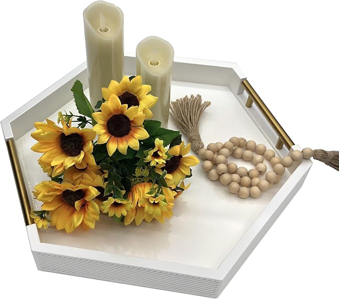Serving Tray with Polished Metal Handles, Hexagon Coffee Table Tray, Modern Rectangle Decorative Tray, Large Ottoman Tray, Perfect for Storage and Display (White Hexagon)