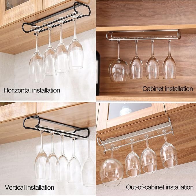 V3VOGUE 2 Pack Wine Glass Rack Under Cabinet, Hanging Wine Stemware Holder, Stainless Steel Wine Glasses Organizer Storage Hanger for Bar Kitchen Black Chrome (Color : Metallic, Size : 2pcs)