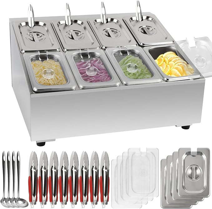 8 Pans Spice Rack Shelf 2 Row Stainless Steel Spice Organizer Stand with Lids Spoons Countertop Inclined Holder Buffet Containers Set for Sauce Jam Fruits Ingredient Kitchen Restaurant Pantry