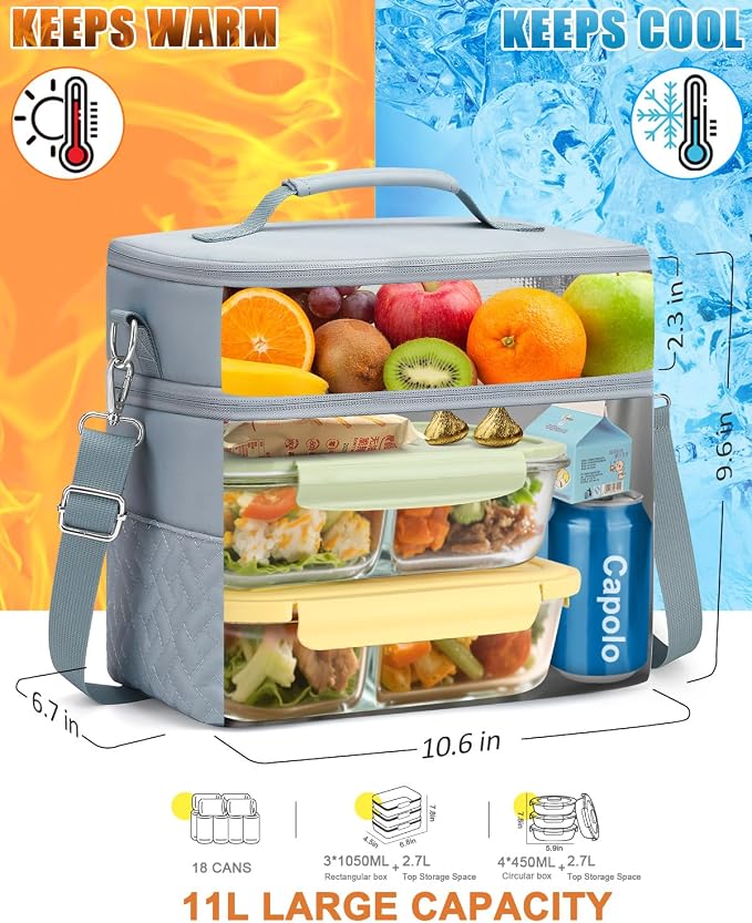 Capolo Lunch Box for Women Men Adults,Double Deck Insulated Lunch Bag Leakproof Lunch Cooler Box with Removable Strap Lunch Tote Bags Reusable Thermal Lunchbox for School Work Picnic(Large,Blue)