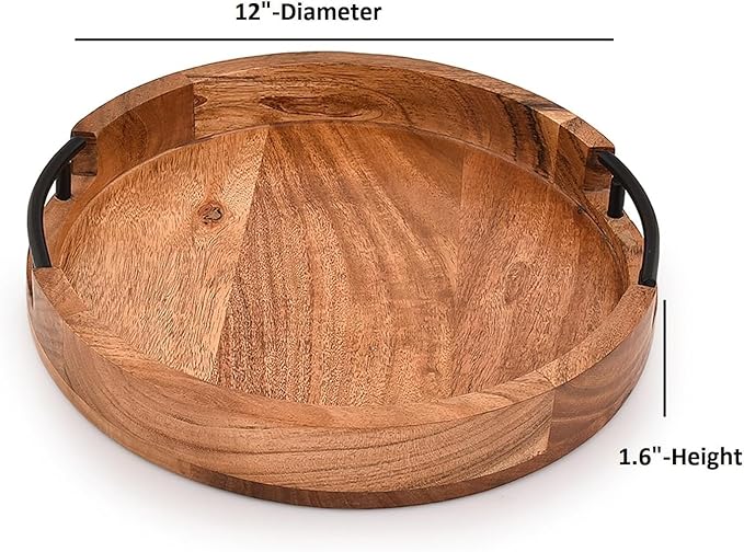 NIRMAN Acacia Wood Tray Round Rustic Farmhouse Wooden Platter for Coffee Table, Ottoman, Drinks, Breakfast with 2 Black Iron Handles (12" X 12" X 1.6")