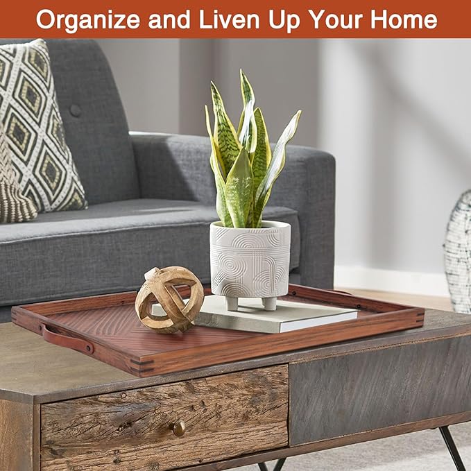 SXNOWS Large Ottoman Wooden Trays, Wood Serving Tray with Handles, Large Ottoman Tray, Wooden Serving Trays for Coffee Tables, Living Rooms and Kitchens, 24 x 16 inch