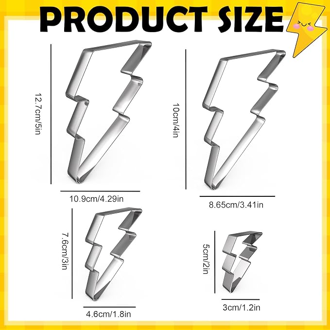 Havawish 4 Pcs Cookie Cutter Set 2 in to 5 in Cookie Cutter Stainless Steel Cookie Cutter for Baking Fondant Fruit Bread Birthday Party Decorations(Lightning Bolt)