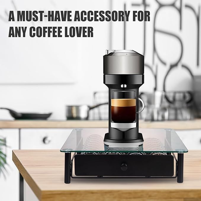 Tempered Glass Coffee Pod Drawer, Nespresso Vertuo Capsule Holder Organizer for 40 Pods, Under Coffee Maker Storage, Compatible with Vertuo Next/Plus, 14.76"x12.99"x3.5"