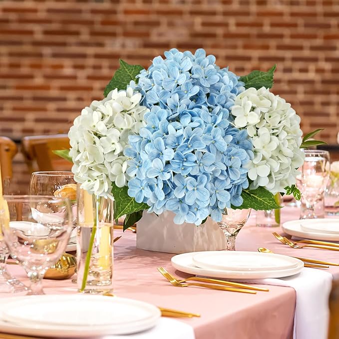 JINWOE 4Pcs Hydrangea Artificial Flowers, 20" Lifelike Latex Silk Real Touch Faux Hydrangea Flowers, Artificial Hydrangeas Bouquet for Wedding Centerpieces Tables Party Home (Sky Blue)