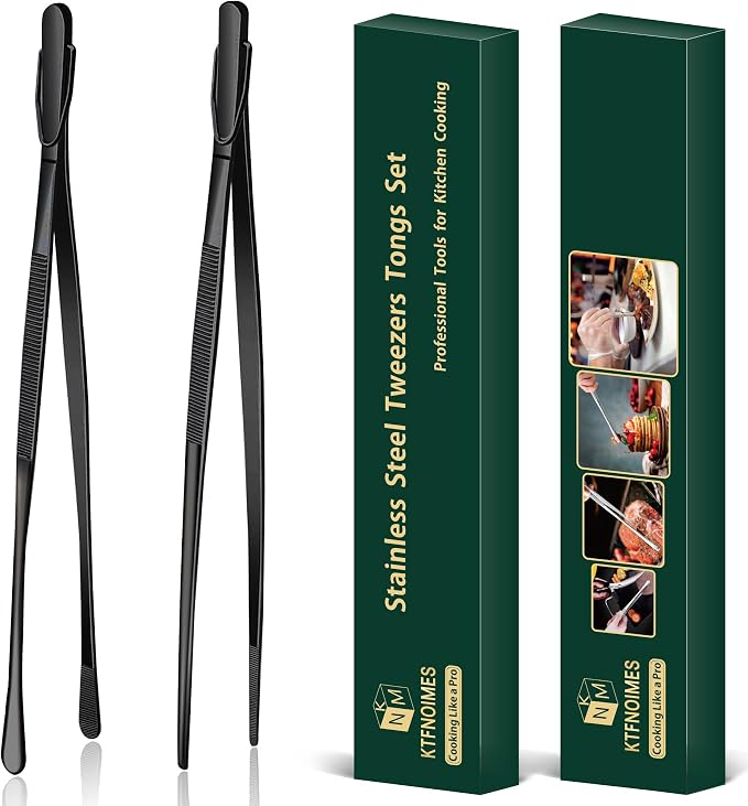 2 Pcs 12-Inch Cooking Tweezers Fine Tweezer Tongs, Extra-Long Stainless Steel Kitchen Tweezers, for Grilling, Serving, and Food Preparation,Black