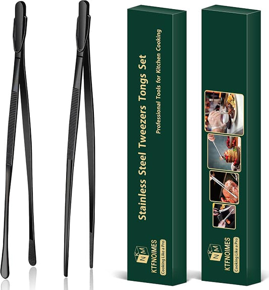 2 Pcs 12-Inch Cooking Tweezers Fine Tweezer Tongs, Extra-Long Stainless Steel Kitchen Tweezers, for Grilling, Serving, and Food Preparation,Black