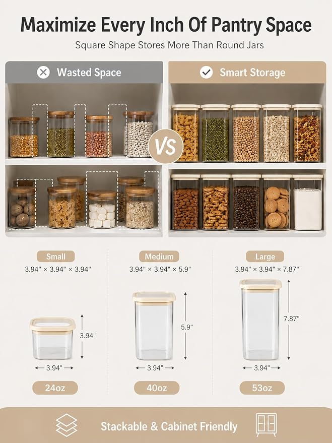 12pcs Square Glass Pantry Storage Containers Set with Glass Lids 0.76Qt/1.22Qt/1.67Qt - Airtight Stackable Kitchen Canisters Sets | 24floz / 40floz / 53floz Glass Pantry Storage Jars