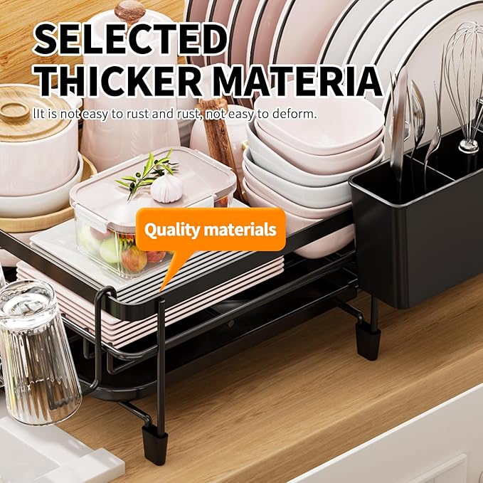 Extendable Dish Rack - a Rust-Resistant Dish Rack Suitable for Kitchen countertops, Featuring Adjustable Support Legs, a Cutlery Rack, and a Removable Drain Tray.