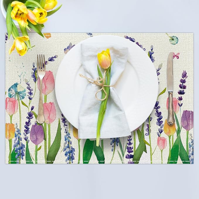 Niviy Floral Spring Placemats Set of 6, Easter Placemats Tulip Butterfly Table Mats Spring Table Decorations for Home Party 12x18 Inch