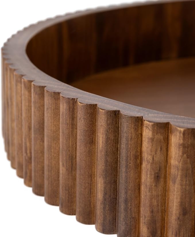 Ribbed Wood Decorative Tray, 16.5-Inch Round with Walnut Finish for Table Centerpieces