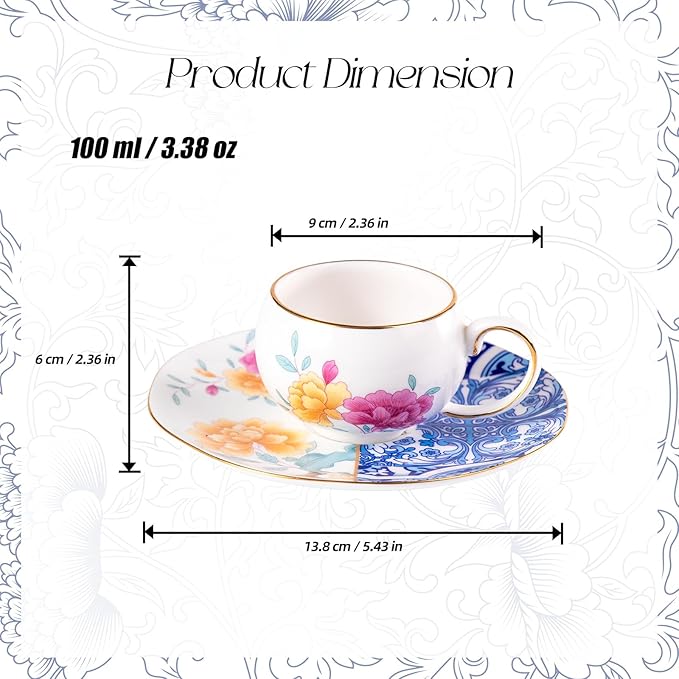 KAMMAK Tea Cups and Saucers Set of 2, Fine Bone China Coffee Cups, Stackable Espresso Mugs, Ceramic Demitasse for Coffee, Cappuccino, Latte, Americano, Tea, Blueprint of Prosperity (Medium)